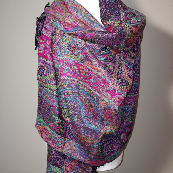Chico's Multicolored Paisley Fringed Scarf Wrap OS Purple - Picture 3 of 8